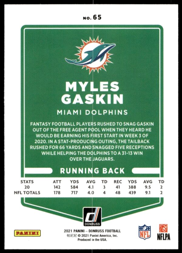 2021 Donruss Myles Gaskin #65 (Back)