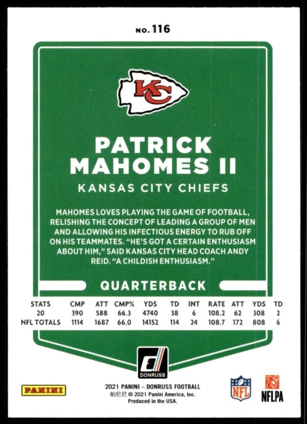 2021 Donruss Patrick Mahomes II (No Helmet) #116 (Back)