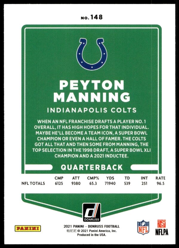 2021 Donruss Peyton Manning (No Helmet) #148 (Back)