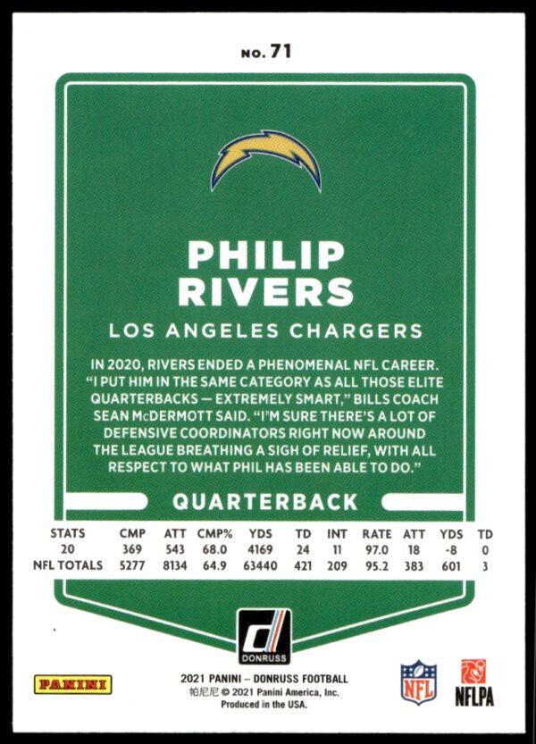 2021 Donruss Philip Rivers #71 (Back)