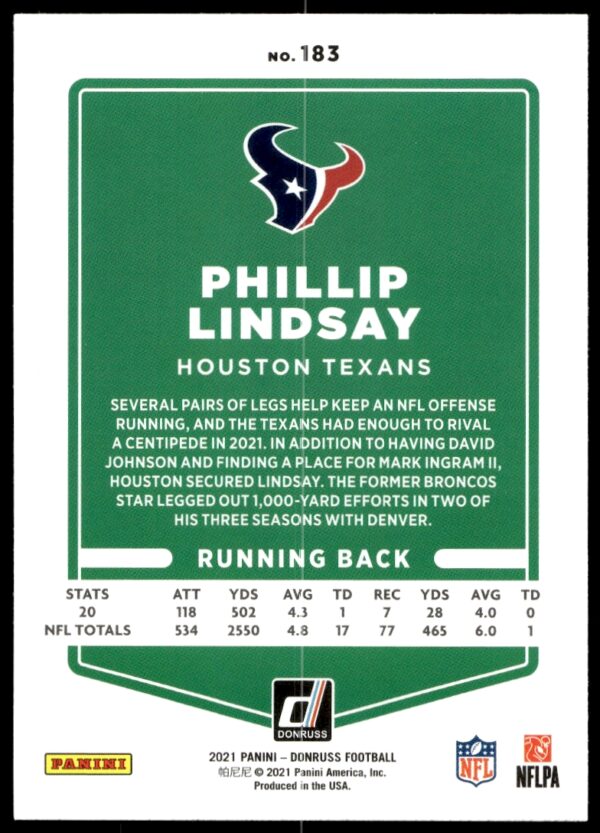 2021 Donruss Phillip Lindsay #183 (Back)