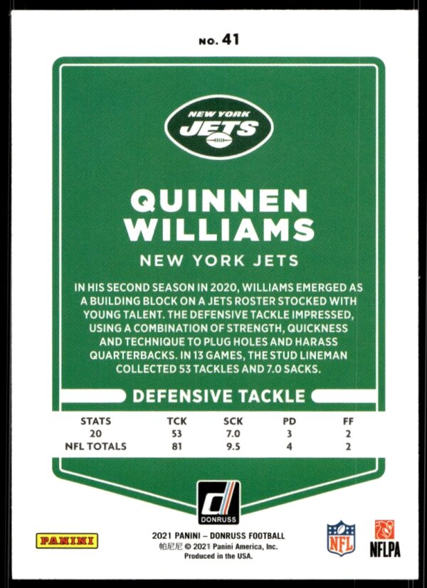 2021 Donruss Quinnen Williams #41 (Back)