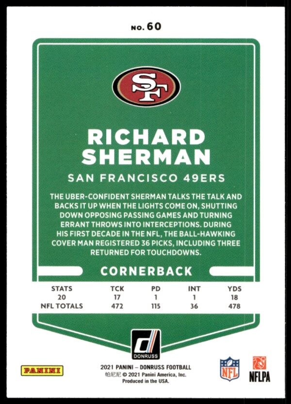 2021 Donruss Richard Sherman #60 (Back)