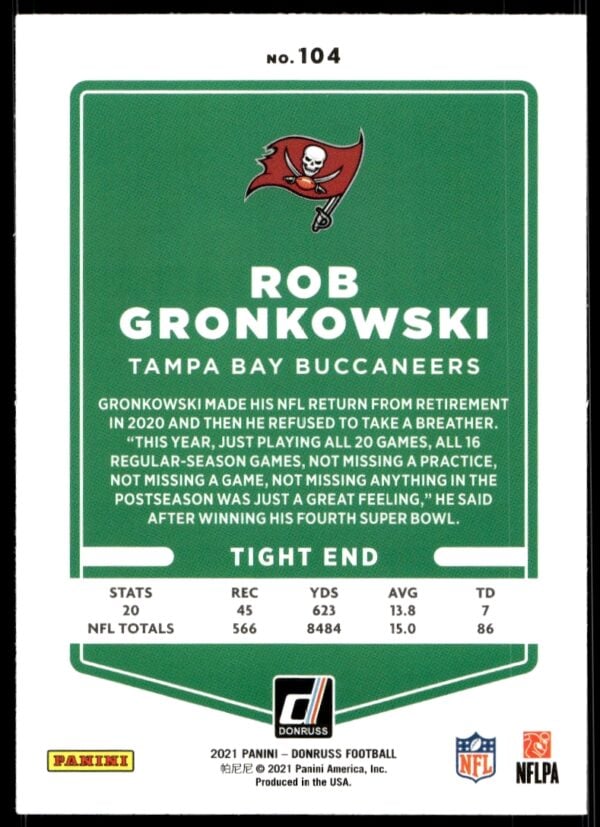 2021 Donruss Rob Gronkowski #104 (Back)