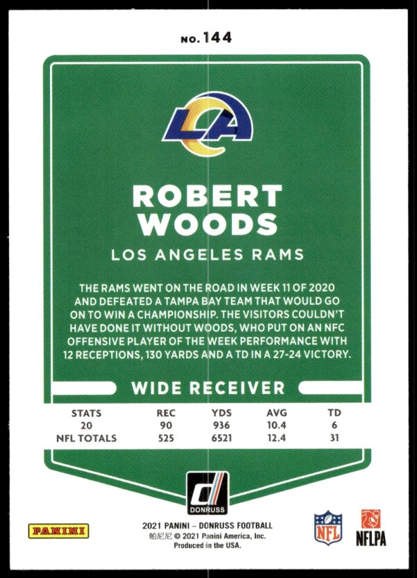 2021 Donruss Robert Woods #144 (Back)