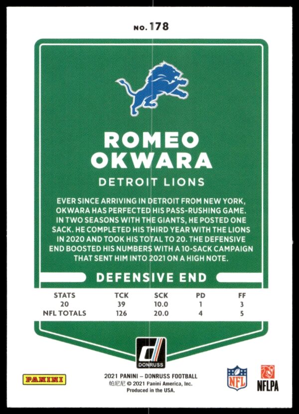 2021 Donruss Romeo Okwara #178 (Back)