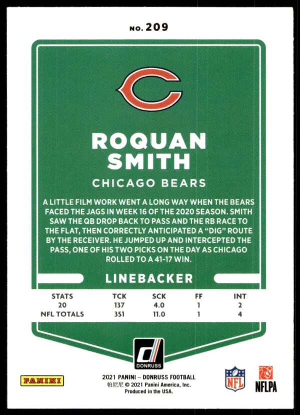 2021 Donruss Roquan Smith #209 (Back)