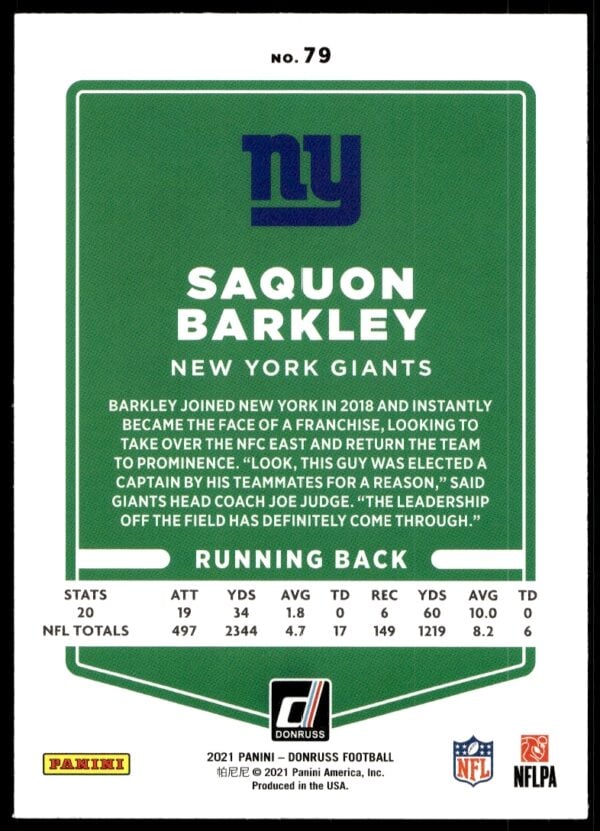 2021 Donruss Saquon Barkley (No Helmet) #79 (Back)