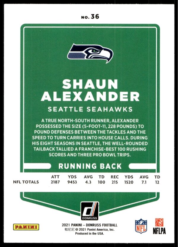 2021 Donruss Shaun Alexander #36 (Back)