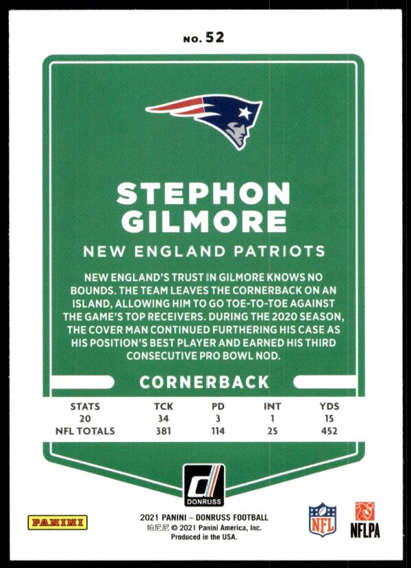 2021 Donruss Stephon Gilmore #52 (Back)