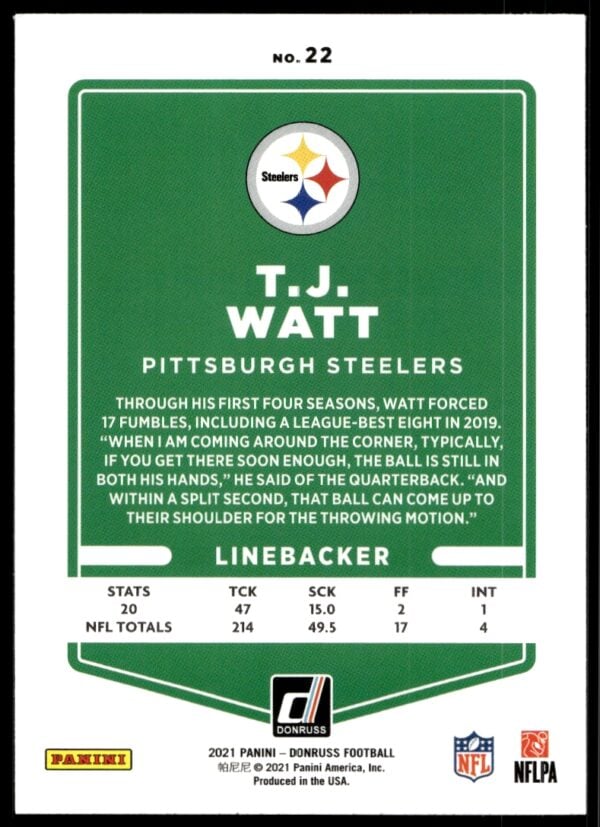 2021 Donruss T.J. Watt #22 (Back)