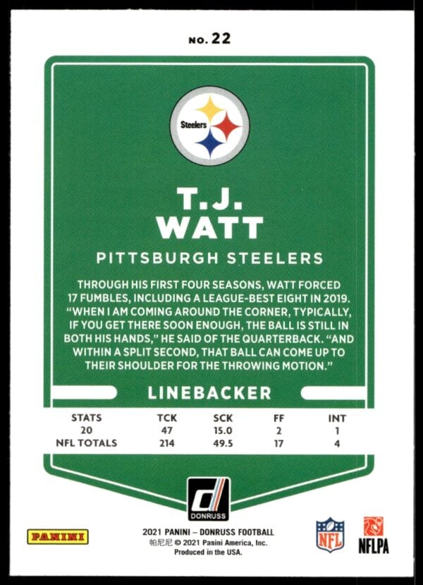 2021 Donruss T.J. Watt (No Helmet) #22 (Back)