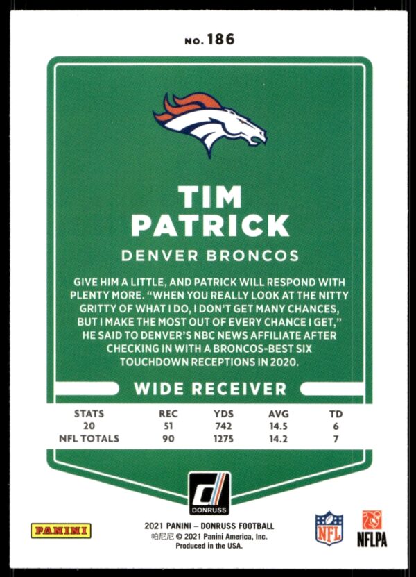 2021 Donruss Tim Patrick #186 (Back)