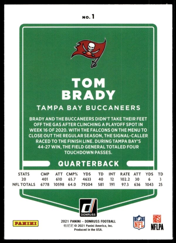 2021 Donruss Tom Brady (No Helmet) #1 (Back)