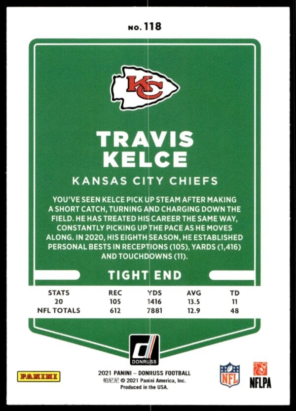 2021 Donruss Travis Kelce (No Helmet) #118 (Back)