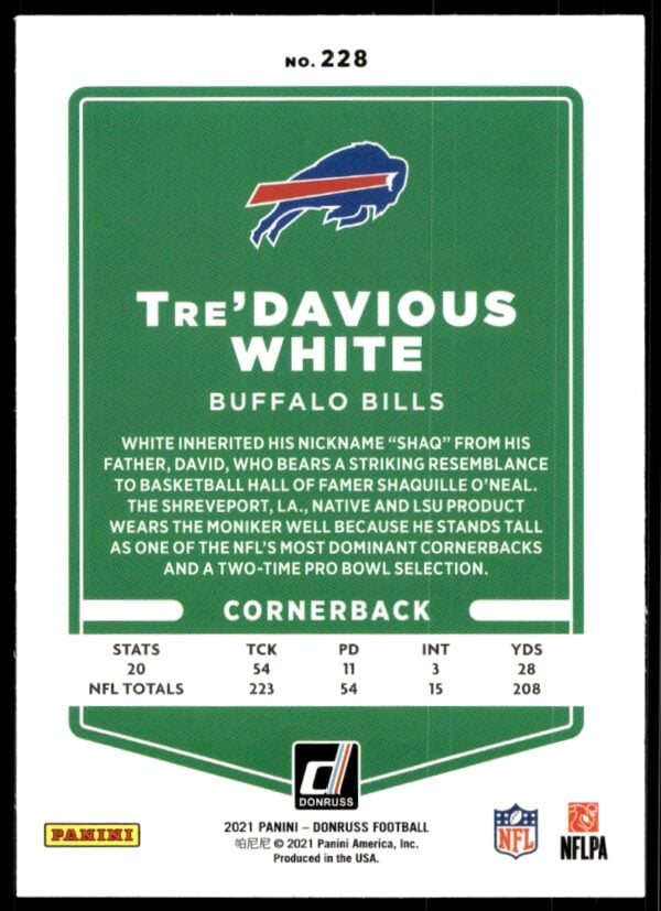 2021 Donruss Tre'Davious White #228 (Back)