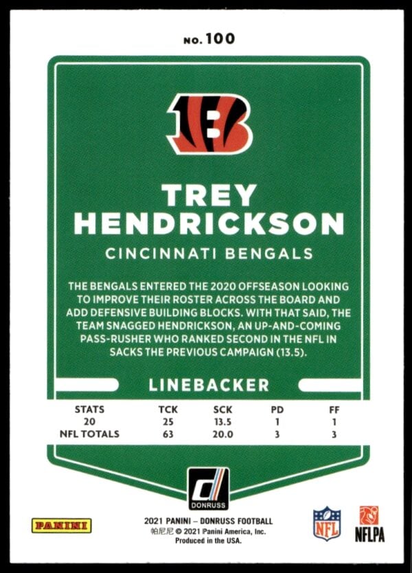 2021 Donruss Trey Hendrickson #100 (Back)