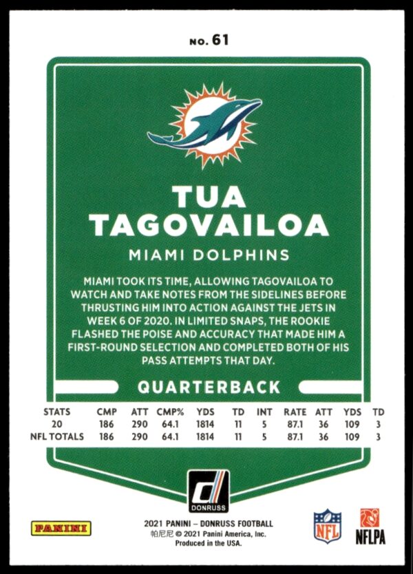 2021 Donruss Tua Tagovailoa #61 (Back)