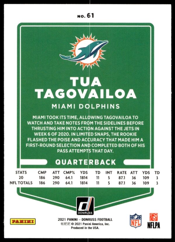 2021 Donruss Tua Tagovailoa (No Helmet) #61 (Back)