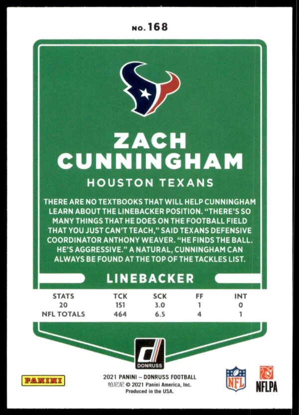 2021 Donruss Zach Cunningham #168 (Back)