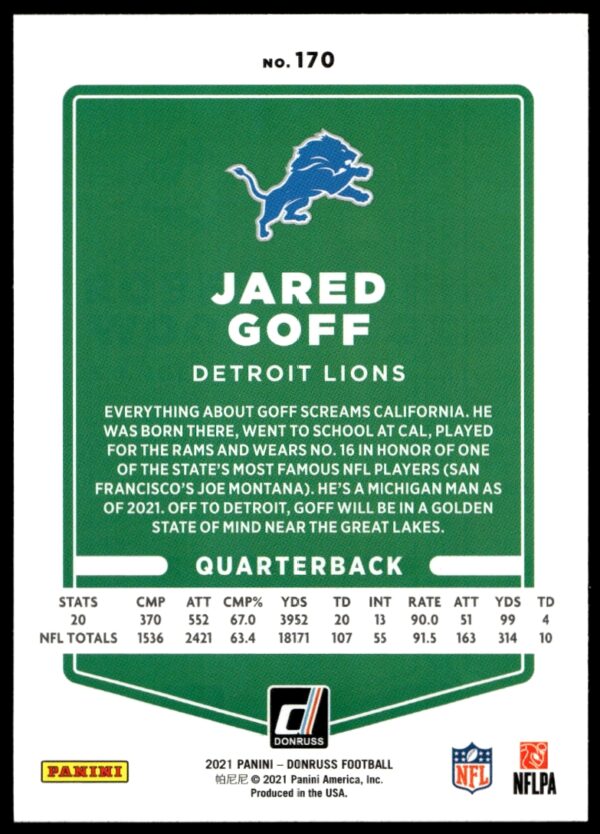 2021 Panini Donruss Jared Goff Press Proof Blue #170 (Back)