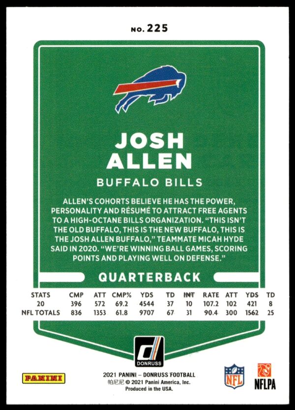 2021 Panini Donruss Josh Allen Press Proof Blue #225 (Back)