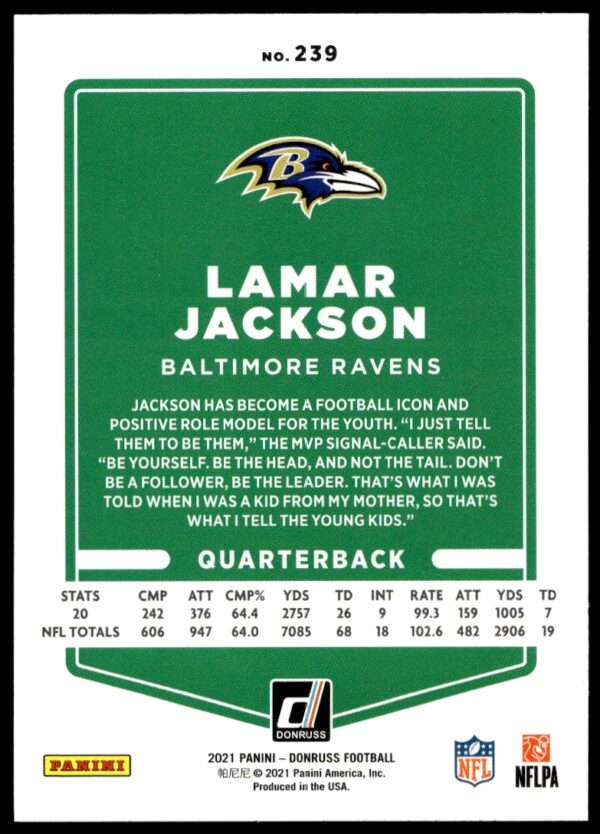 2021 Panini Donruss Lamar Jackson Press Proof Blue #239 (Back)