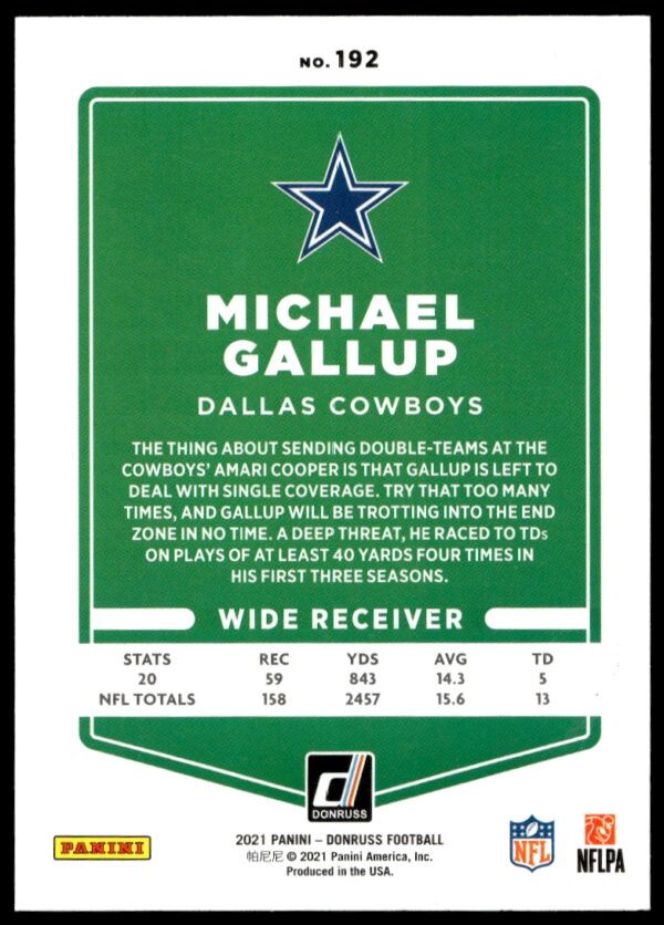 2021 Panini Donruss Michael Gallup Press Proof Blue #192 (Back)