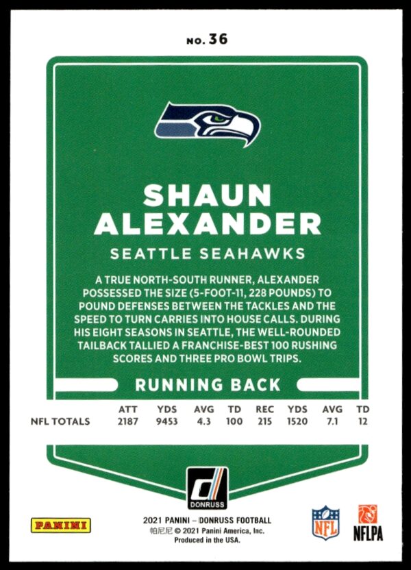 2021 Panini Donruss Shaun Alexander Press Proof Blue #36 (Back)