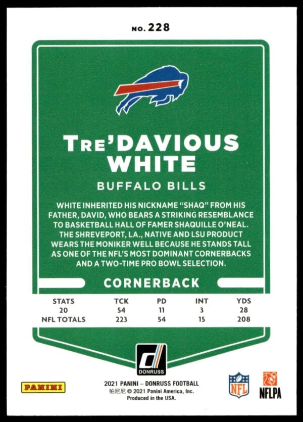 2021 Panini Donruss Tre'Davious White Press Proof Blue #228 (Back)