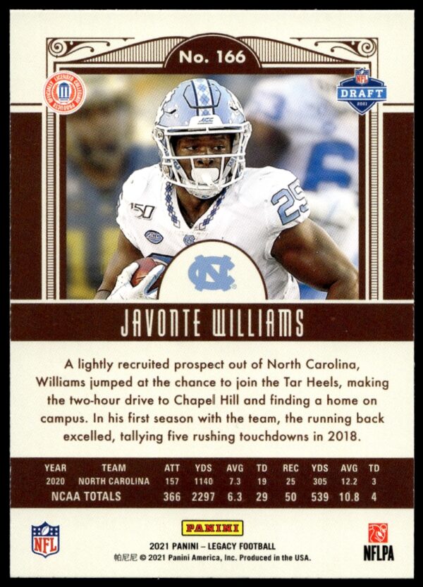 2021 Panini Legacy Javonte Williams #166 (Back)