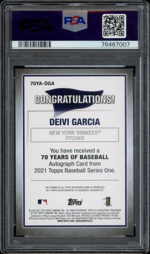 PSA-graded Deivi Garcia autograph card from Topps 2021 70 Years of Baseball Series.