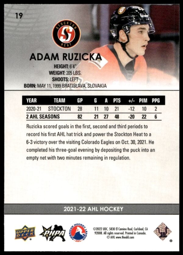 2021 Upper Deck AHL Adam Ruzicka #19 (Back)