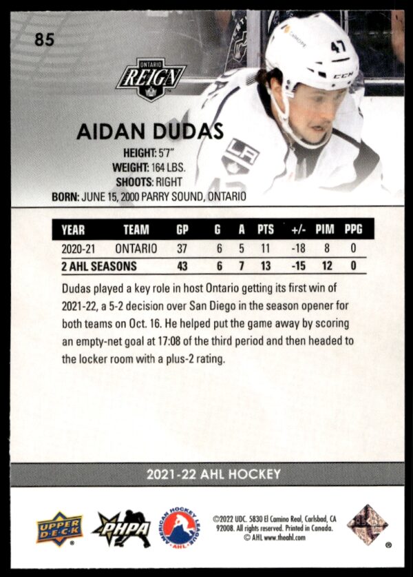 2021 Upper Deck AHL Aidan Dudas #85 (Back)