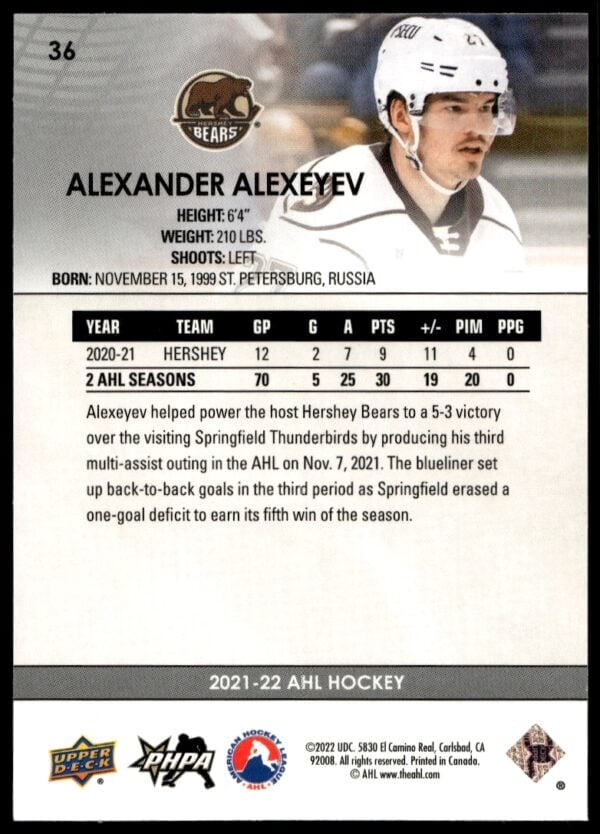 2021 Upper Deck AHL Alexander Alexeyev #36 (Back)