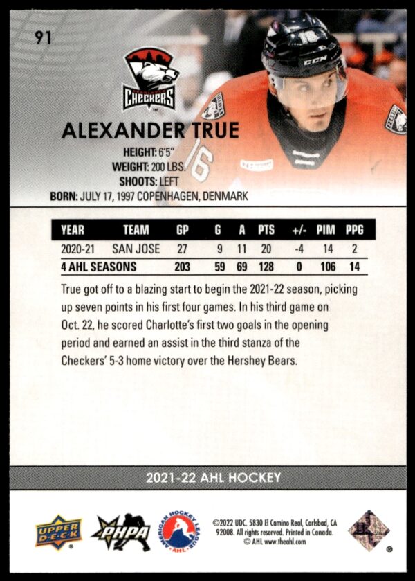 2021 Upper Deck AHL Alexander True #91 (Back)