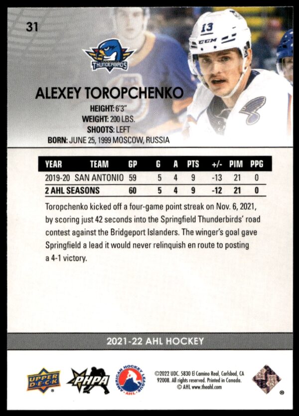 2021 Upper Deck AHL Alexey Toropchenko #31 (Back)