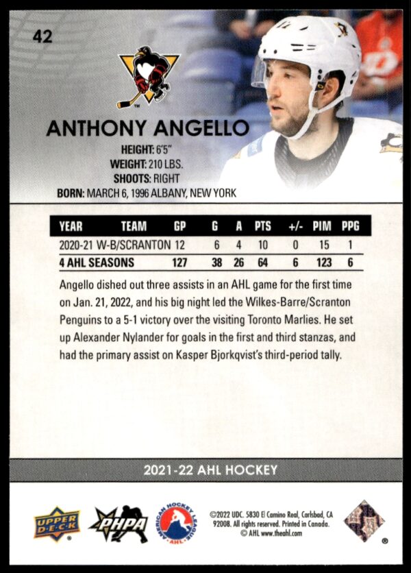 2021 Upper Deck AHL Anthony Angello #42 (Back)