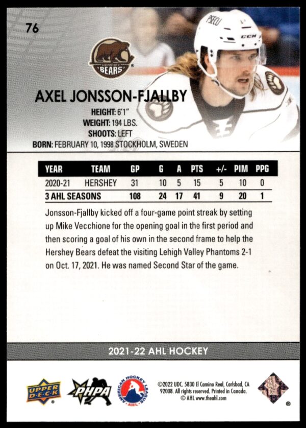 2021 Upper Deck AHL Axel Jonsson-Fjallby #76 (Back)