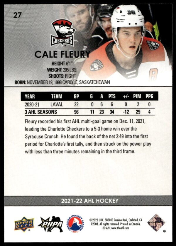 2021 Upper Deck AHL Cale Fleury #27 (Back)