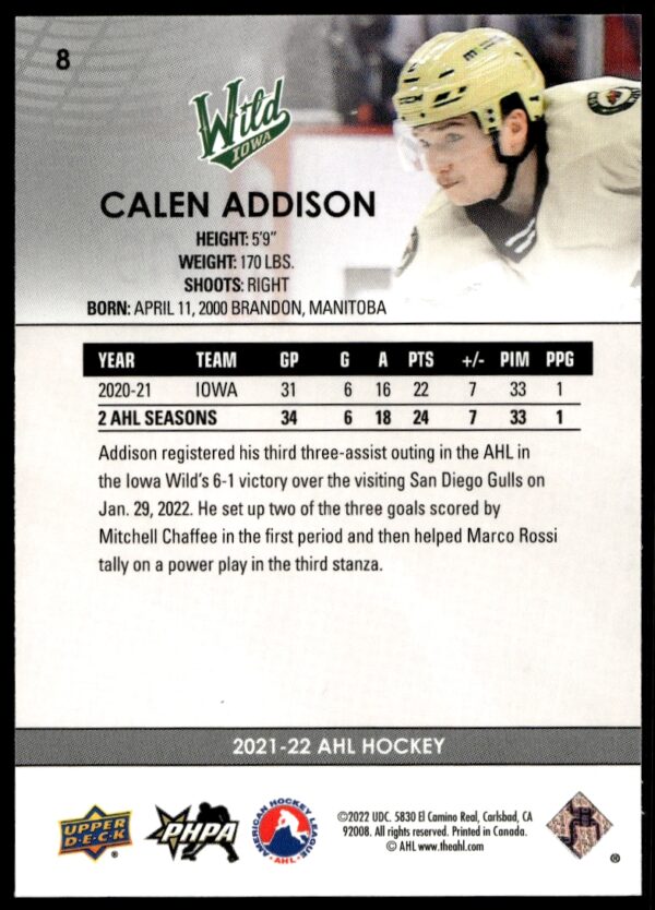 2021 Upper Deck AHL Calen Addison #8 (Back)