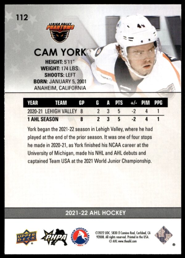 2021 Upper Deck AHL Cam York Star Rookies #112 (Back)