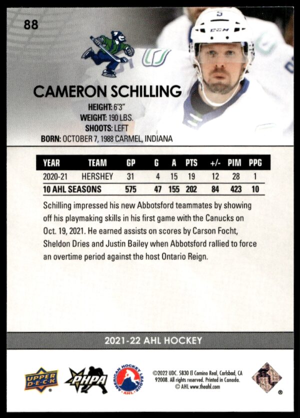 2021 Upper Deck AHL Cameron Schilling #88 (Back)