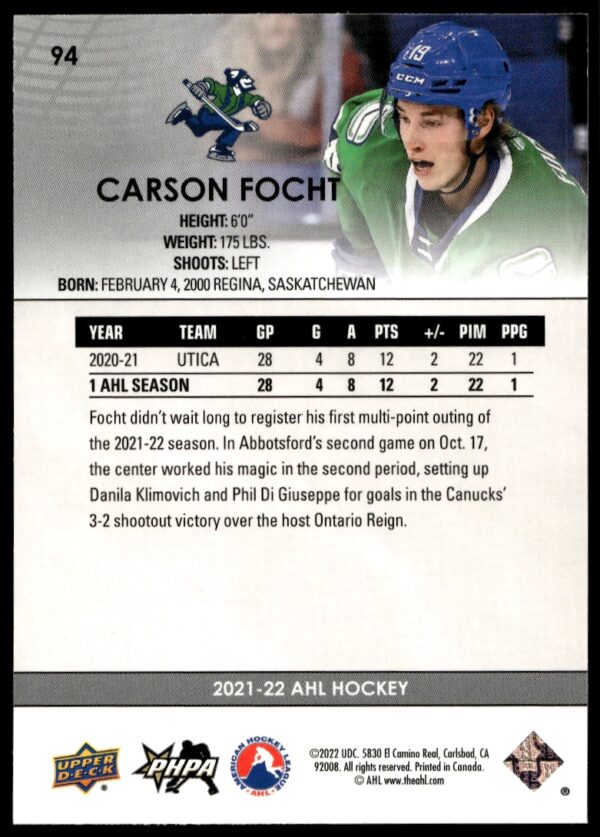 2021 Upper Deck AHL Carson Focht #94 (Back)