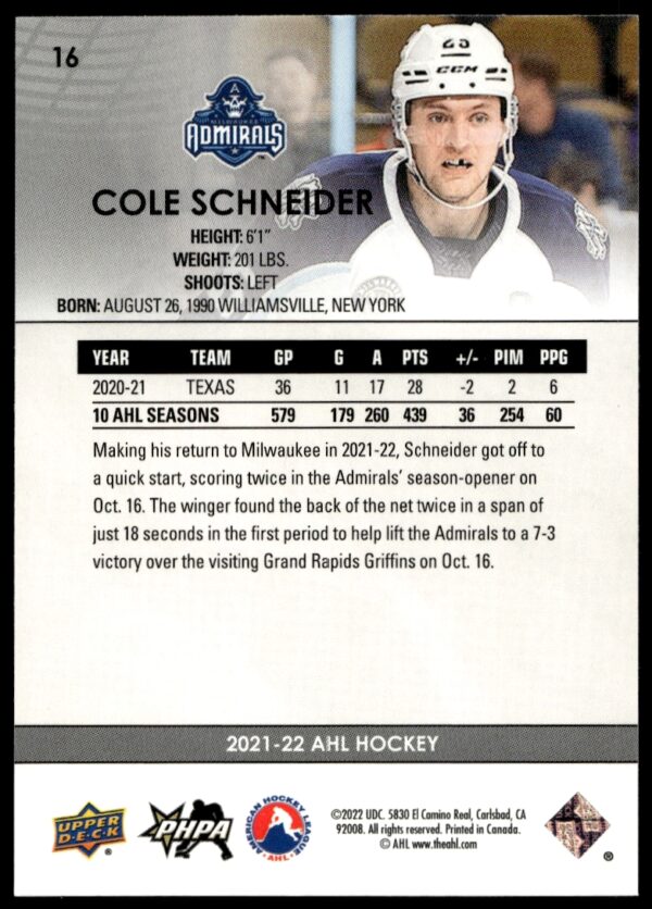 2021 Upper Deck AHL Cole Schneider #16 (Back)