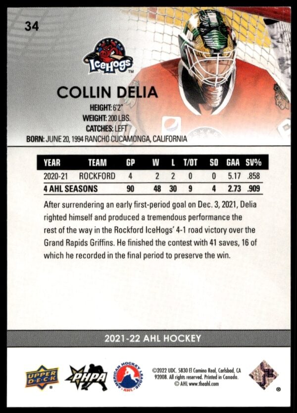 2021 Upper Deck AHL Collin Delia #34 (Back)