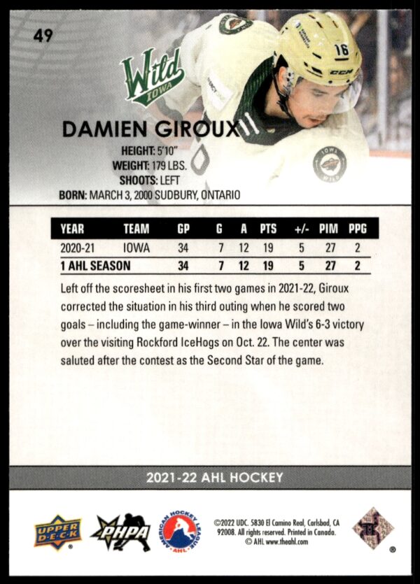 2021 Upper Deck AHL Damien Giroux #49 (Back)