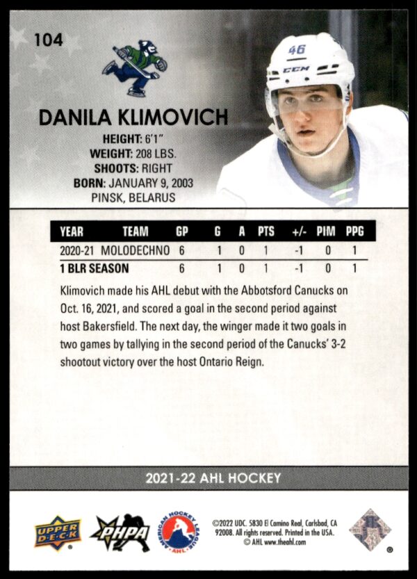 2021 Upper Deck AHL Danila Klimovich Star Rookies #104 (Back)