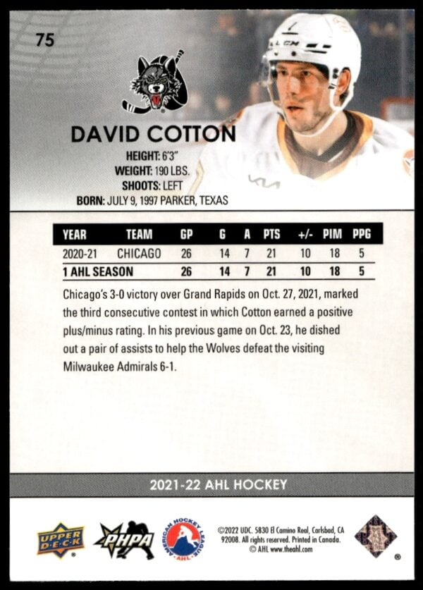 2021 Upper Deck AHL David Cotton #75 (Back)