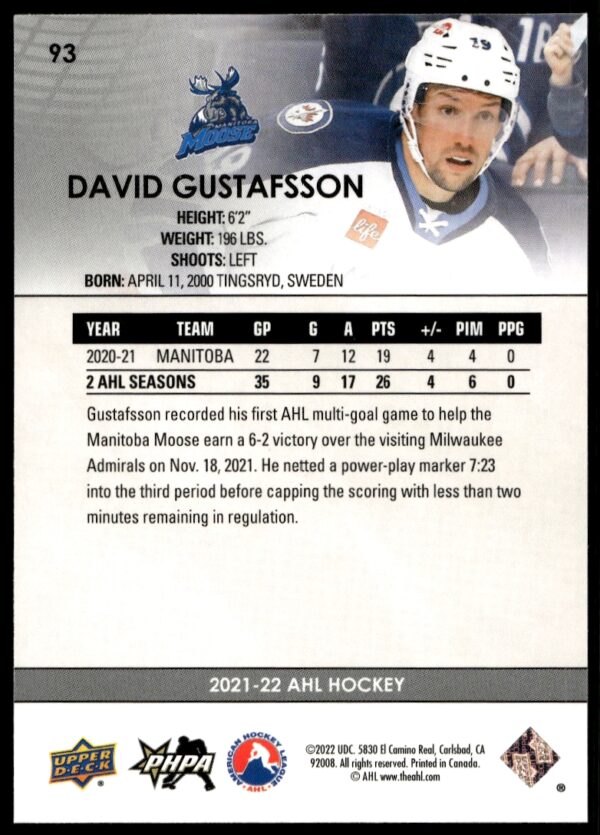 2021 Upper Deck AHL David Gustafsson #93 (Back)